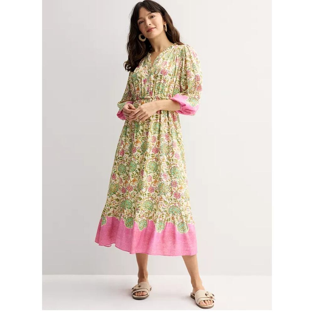 Farmer’s Market NWOT Puff Sleeve Maxi Dress Floral Boho Gypsy Green Pink Size L